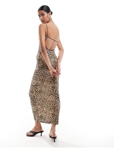Bershka - Vestito lungo leopardato con finiture a contrasto e spalline sottili-Multicolore
