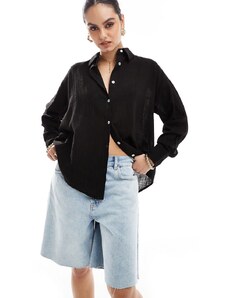 Pull&Bear - Camicia oversize a maniche lunghe in lino nera-Nero