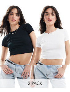 Pull&Bear - Confezione da 2 magliette ristrette nera e bianca a coste-Nero