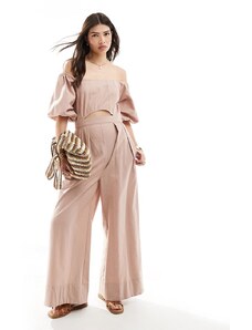 ASOS DESIGN - Tuta jumpsuit con maniche a sbuffo e scollo Bardot color malva con cut-out sul davanti-Rosa