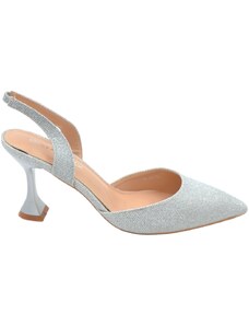 Malu Shoes Decollete scarpa donna slingback a punta in tessuto satinato argento tacco clessidra 9 cm cinturino tallone glamour moda