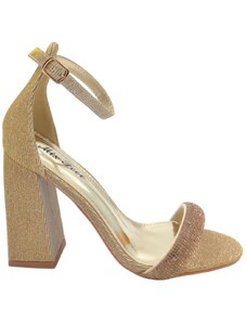 Malu Shoes Sandalo alto donna oro tessuto satinato tacco doppio 9 cm cinturino con strass e chiusura alla caviglia linea basic