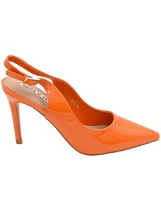 Malu Shoes Scarpe decollete slingback donna elegante a punta in vernice lucida arancione tacco 10 cinturino tallone regolabile