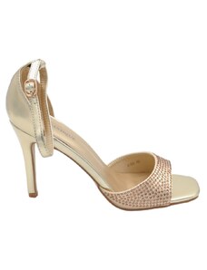 Malu Shoes Sandali tacco donna fascetta in tessuto oro strass tono su tono cinturino alla caviglia tacco a spillo comodo 12cm