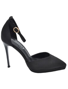 Malu Shoes Decolette' donna in tessuto raso nero con punta tacco sottile 12 cm plateau 2 cm e cinturino alla caviglia regolabile