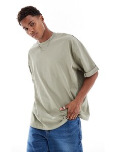 ASOS DESIGN - T-shirt oversize pesante kaki con maniche risvoltate-Verde