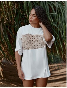 4th & Reckless x Loz Vassallo - Soleil - T-shirt da spiaggia con pannello all'uncinetto color crema con in coordinato-Bianco