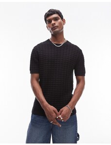 Topman - T-shirt comoda a maniche corte in maglia testurizzata nera-Nero