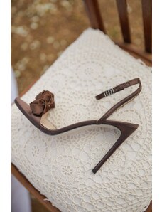 Women's Dark Brown Stiletto Heels Sandals with Satin Finish and Floral Details Estro ER00114742