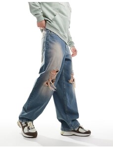 ASOS DESIGN - Jeans ampi lavaggio tinto con strappi sulle ginocchia-Blu