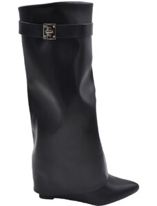 Malu Shoes Stivali donna nero a punta al ginocchio punta con para risvolto modello shark zeppa 8 cm e accessorio argento moda