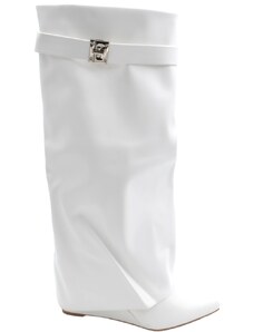 Malu Shoes Stivali donna bianco a punta al ginocchio punta con para risvolto modello shark zeppa 8 cm e accessorio argento moda