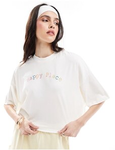 ONLY - T-shirt corta bianca con stampa “Happy Place”-Bianco