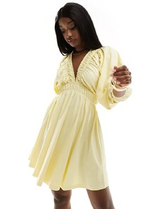 ASOS DESIGN - Vestito corto da giorno giallo limone con vita arricciata e scollo profondo elasticizzato