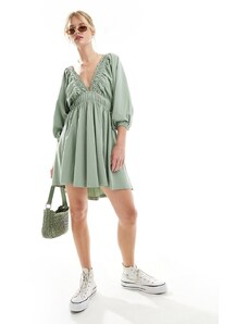 ASOS DESIGN - Vestito corto da giorno elasticizzato verde chiaro con scollo profondo e vita arricciata