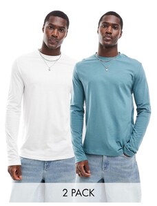 ASOS DESIGN - Confezione da 2 magliette a maniche lunghe girocollo bianca e verde-Multicolore