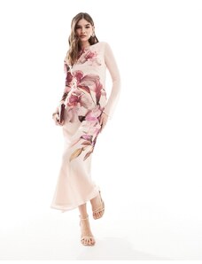 ASOS DESIGN - Vestito lungo a maniche lunghe crema con stampa a fiori rosa-Multicolore
