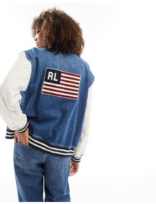 Polo Ralph Lauren - Giacca bomber di jeans con stampa di bandiera sulla schiena blu e crema