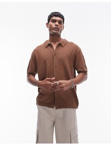 Topman - Camicia in maglia testurizzata con bottoni marrone