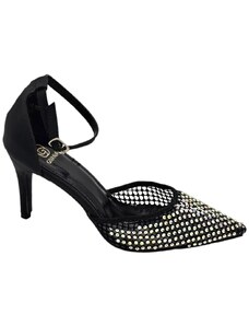 Malu Shoes Scarpe decollete donna elegante nero punta rete trasparente brillantini argento tacco 10 cm cinturino caviglia evento