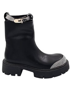 Malu Shoes Stivaletto scarpa donna nero con strass argento in punta e cinturino fondo alto in gomma zigrinata con zip moda