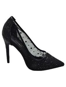 Malu Shoes Decollete scarpa donna elegante nero con trasparenze e brillantini tono su tono tacco a spillo 12 evento glamour