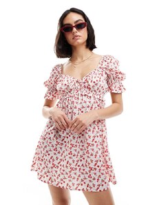 Wednesday's Girl - Vestito corto bianco e rosso a fiori con maniche a sbuffo e allacciatura sul davanti