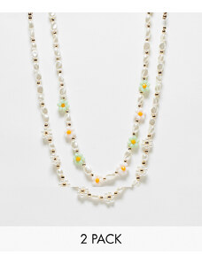 Pieces - Confezione da 2 collane con margherite in perline multicolore