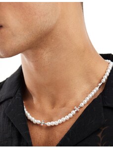 Jack & Jones - Collana con perle e charm a forma di croce placcati argento-Bianco