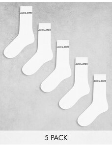 Jack & Jones - Confezione da 5 paia di calzini bianchi a coste con logo-Bianco