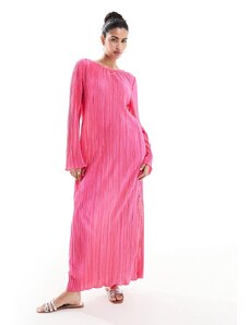 Pieces - Vestito lungo plissé rosa acceso con spacchi laterali