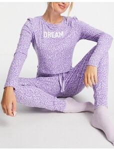 Threadbare - Pigiama con top a maniche lunghe e joggers viola leopardato con scritta "Dream"