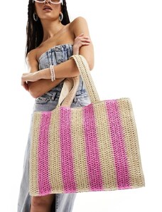 South Beach - Maxi borsa da spalla intrecciata in paglia a righe rosa e neutra