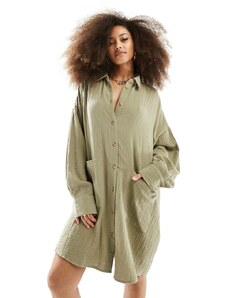 ASOS DESIGN - Vestito camicia oversize in tessuto doppio con tasche kaki-Verde