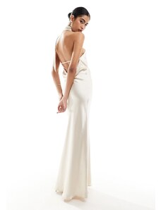 Pretty Lavish - Hen - Vestito lungo da sposa aperto dietro in raso avorio con dettaglio sciarpa-Bianco