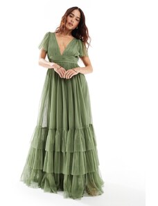 Lace & Beads - Madison - Vestito da damigella lungo in tulle oliva tenue con scollo a V-Verde