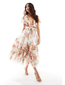 Lace & Beads - Madison - Vestito da damigella midi in tulle a fiori vivaci con scollo a V-Rosa