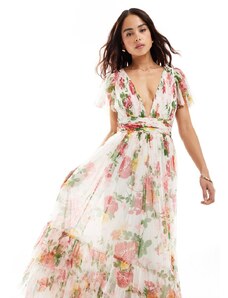 Lace & Beads - Madison - Vestito da damigella lungo in tulle a fiori vivaci con scollo a V-Rosa