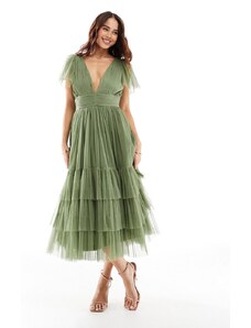 Lace & Beads - Madison - Vestito da damigella midi in tulle oliva tenue con scollo a V-Verde