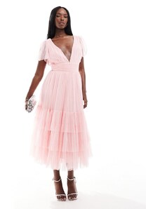 Lace & Beads Bridesmaid - Madison - Vestito midi da damigella in tulle rosa tenue con scollo a V