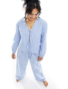 Luna - Top del pigiama oversize blu a quadretti con lacci in coordinato