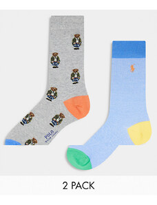 Polo Ralph Lauren - Confezione da 2 paia di calzini grigi e blu con logo dell'orsetto