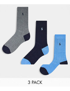 Polo Ralph Lauren - Confezione da 3 paia di calzini blu, grigi e blu navy con logo