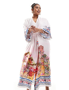 Hope & Ivy Plus - Vestito lungo stile kaftano con cintura e stampa di paesaggio-Multicolore