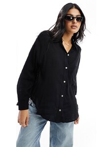 Pull&Bear - Camicia effetto lino a maniche lunghe nera-Nero
