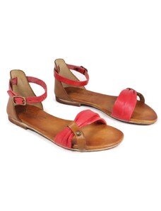 In Time Sandali Bassi Flat in Pelle "Luna" - Rosso/Cuoio