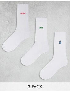 ASOS DESIGN - Confezione da 3 paia di calzini bianchi con ricamo "Let's Go", "Cool" e segno della pace-Bianco