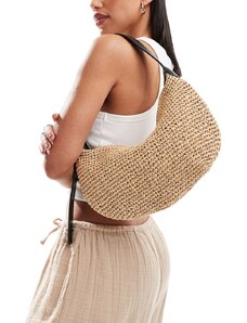 Mango Borsa da mare in paglia tonalita naturale con manici in pelle sintetica color cuoio Brown Stileo