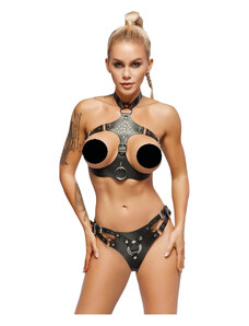 Set Arisha 3 pezzi con reggicalze, reggiseno e tanga in pizzo e stringhe