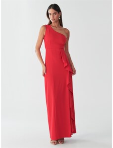 Pretty Lavish Vestito lungo asimmetrico rosso rubino con volant